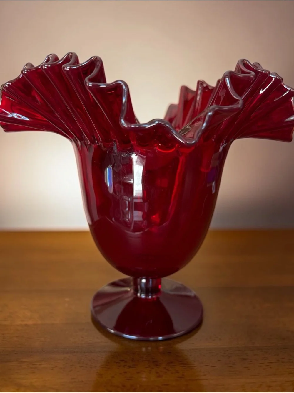 VTG Blenko #388 Ruby Red Art Glass Ruffled Pedestal Vase Mid Century Modern MCM